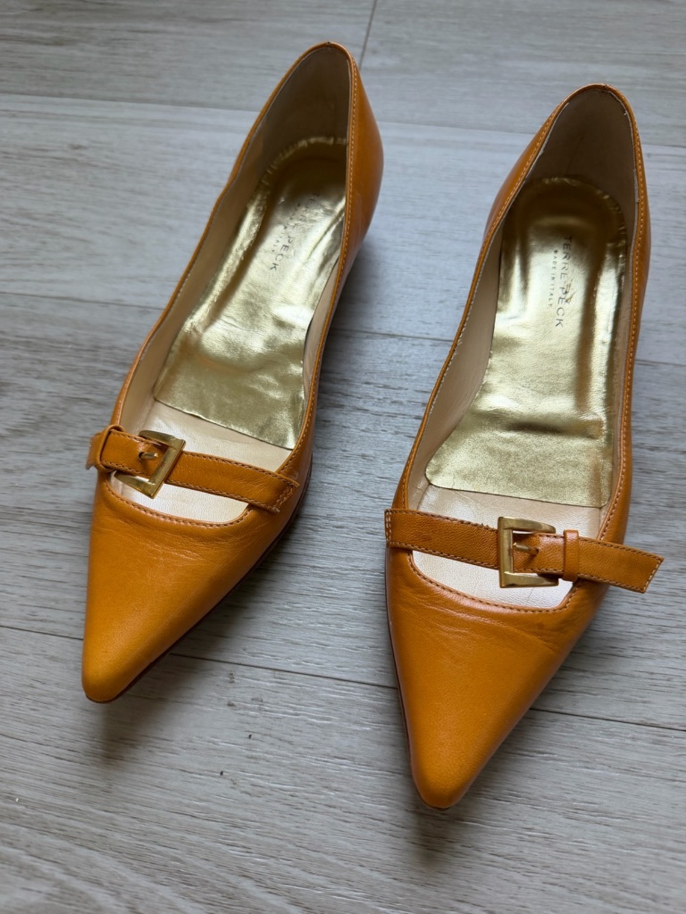 Pointed Toe Buckle Flats in Mustard Orange Leather